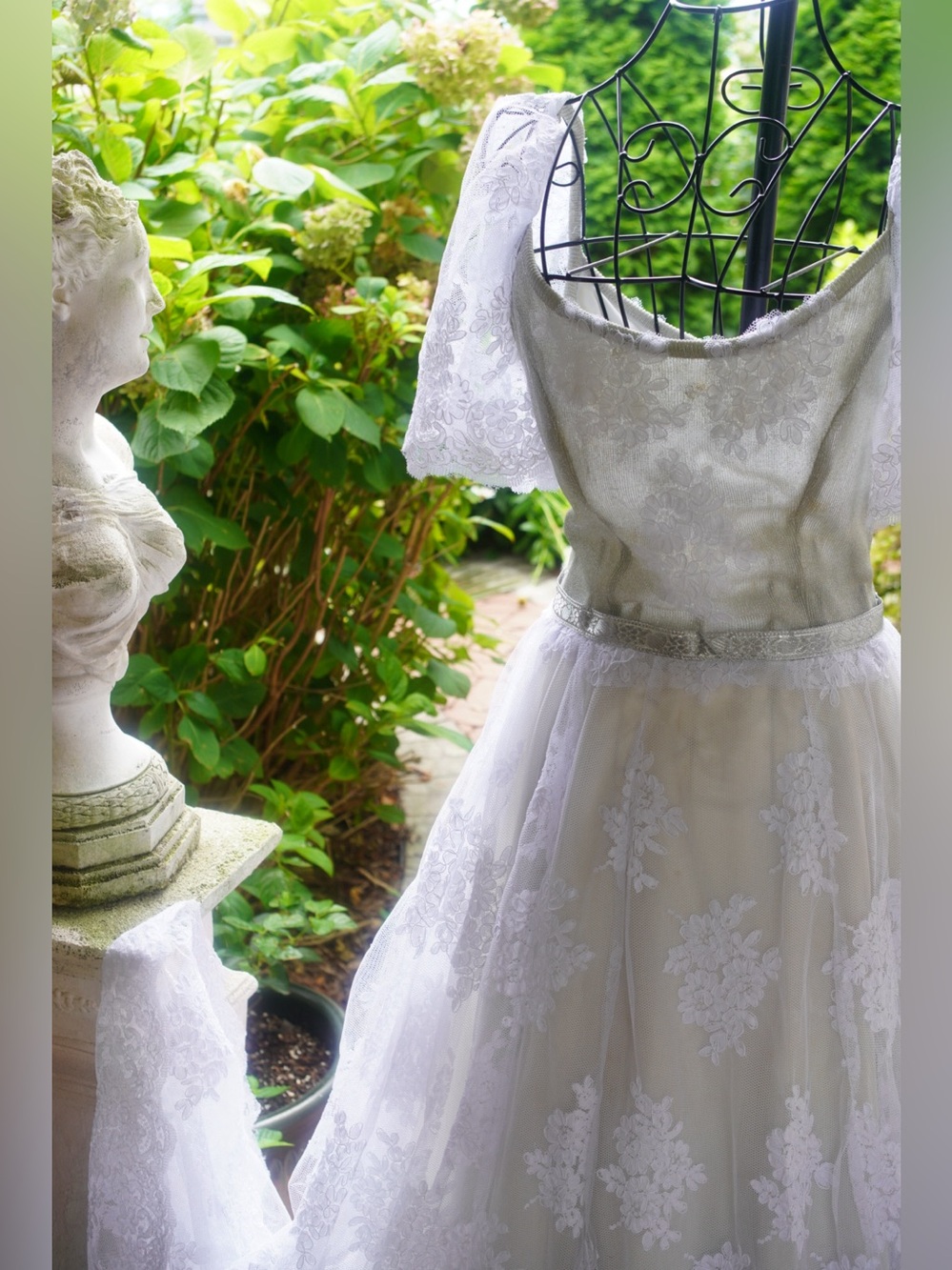 Vintage Ivory & Sage Lace Floral Appliqué Gown | Romantic Off-Shoulder Wedding - Picture 7 of 16